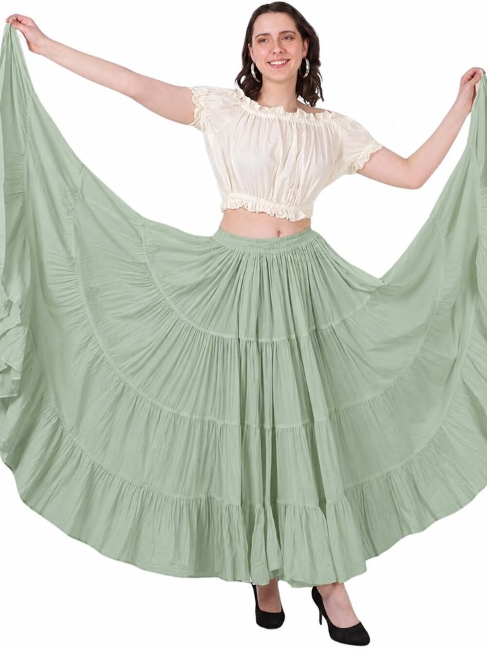 Sage Green Tiered Maxi Skirt – Boho Renaissance Faire Full Ruffle Skirt